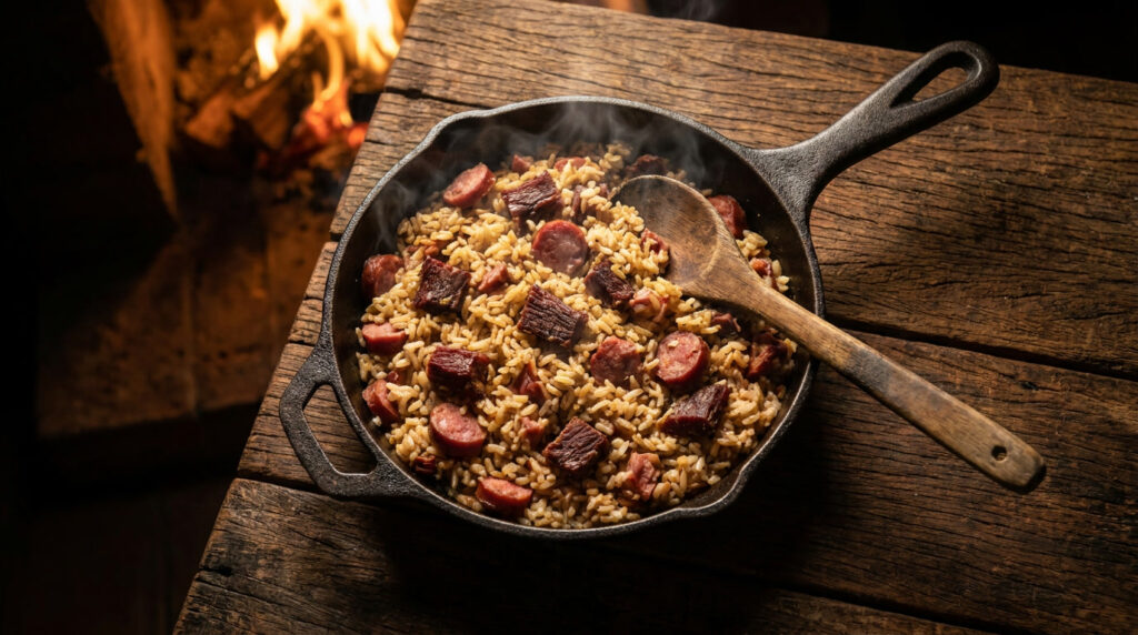 Arroz de carreteiro gaúcho original em panela de ferro com carne seca e linguiça, prato típico do Rio Grande do Sul