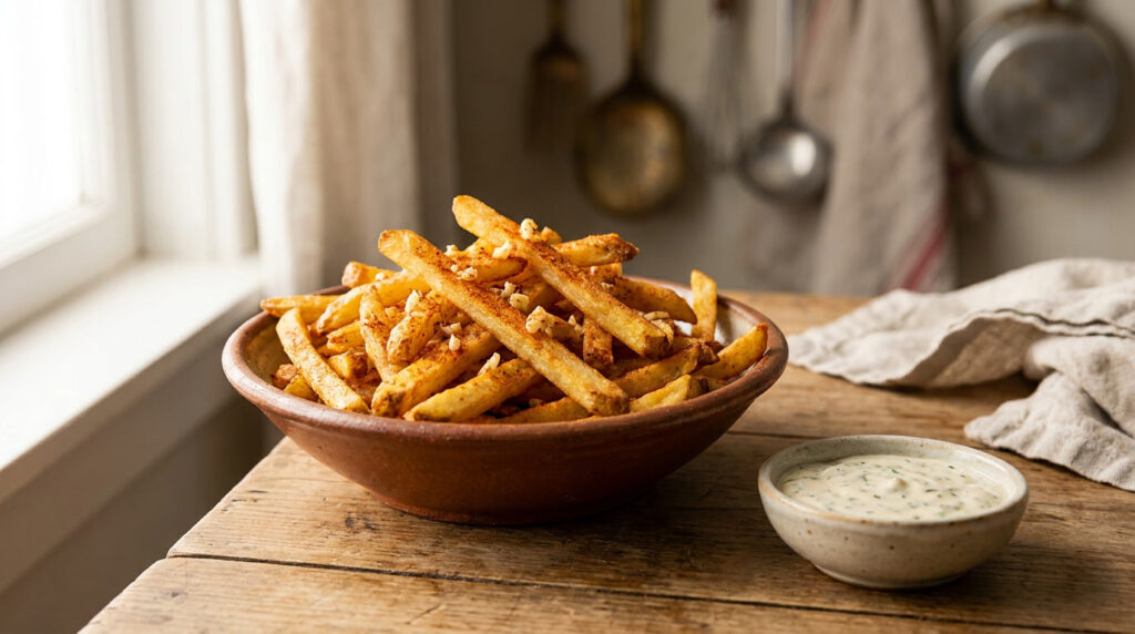 Batata frita crocante na airfryer temperada com páprica e alho, dourada e crocante, servida em bowl rústico sobre mesa de madeira