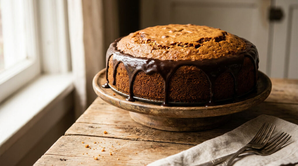 Bolo de cenoura com cobertura de chocolate escorrendo pelas laterais, servido em prato rústico com fatia cortada ao centro