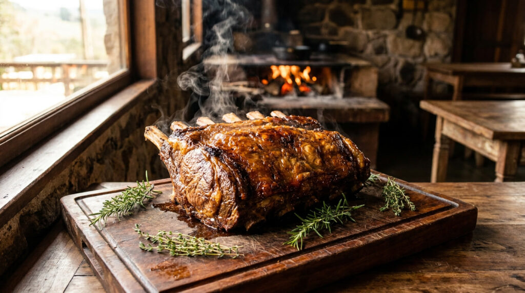 Costela no bafo gaúcha dourada com crosta escura sobre tábua rústica, carne desfiando ao toque do garfo