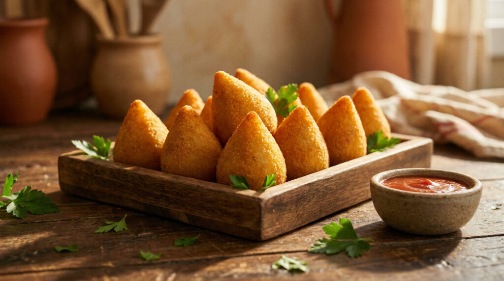 Coxinha de frango cremosa dourada e crocante com recheio de catupiry, servida sobre bandeja rústica com molho de pimenta