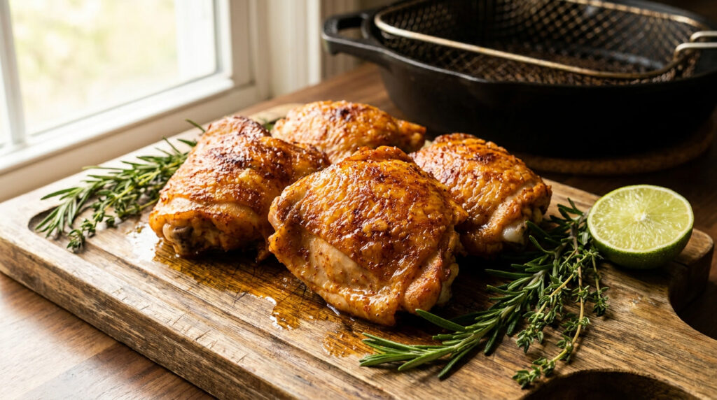 Frango crocante na airfryer com tempero caseiro de páprica defumada, dourado e suculento, servido com salada verde