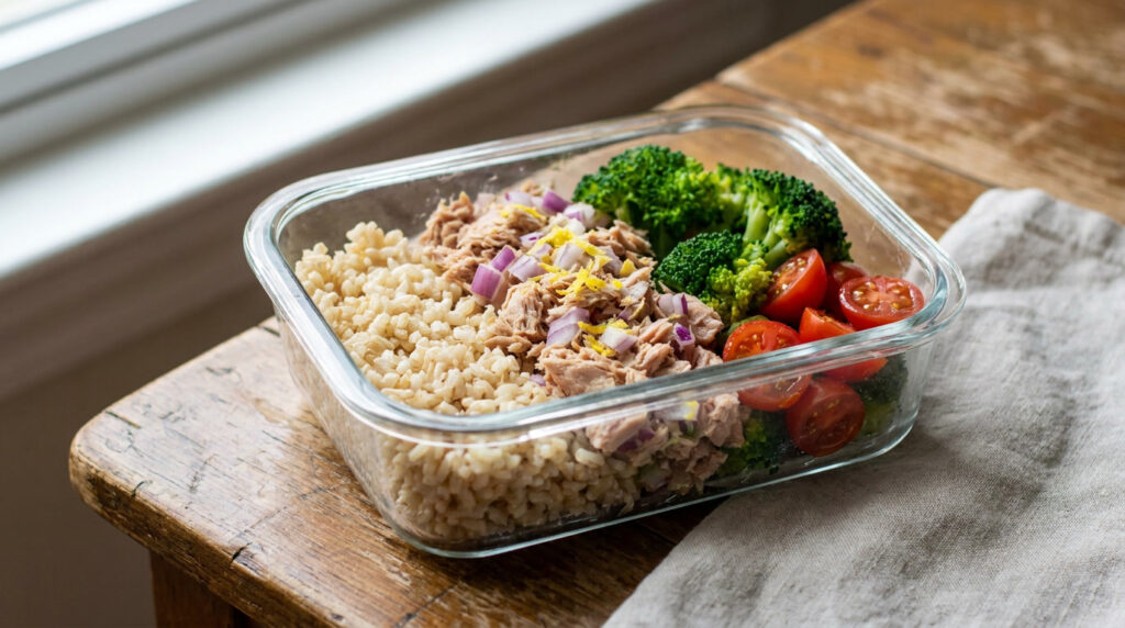 Marmita fit de arroz integral com atum, brócolis e tomate-cereja em recipiente hermético