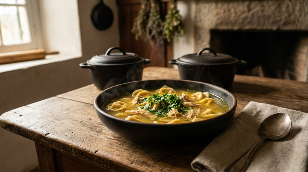Sopa de capeletti gaúcha original servida em tigela funda com caldo dourado, carne desfiada e salsa fresca