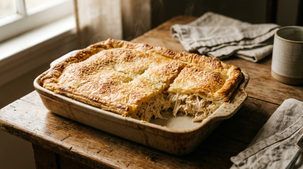 Torta de frango com requeijão assada em forma retangular, fatia cortada revelando recheio cremoso, sobre mesa de madeira rústica