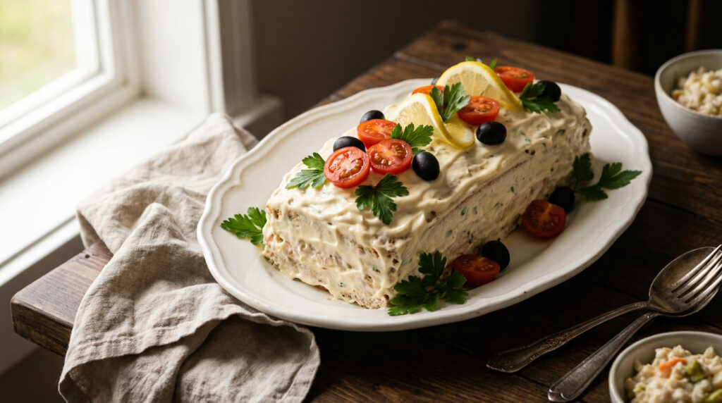 Torta fria de frango para festa decorada com tomatinhos, azeitonas e salsinha sobre prato branco