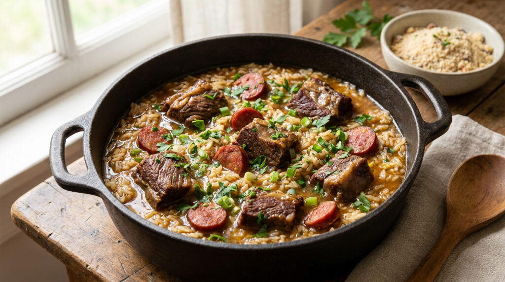 Arroz de carreteiro com costela bovina gaúcha servido na panela com cheiro-verde
