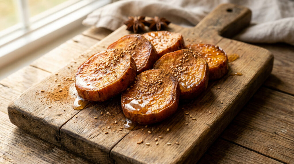 Batata doce caramelizada na airfryer em rodelas douradas com mel, canela e gergelim tostado sobre tábua rústica