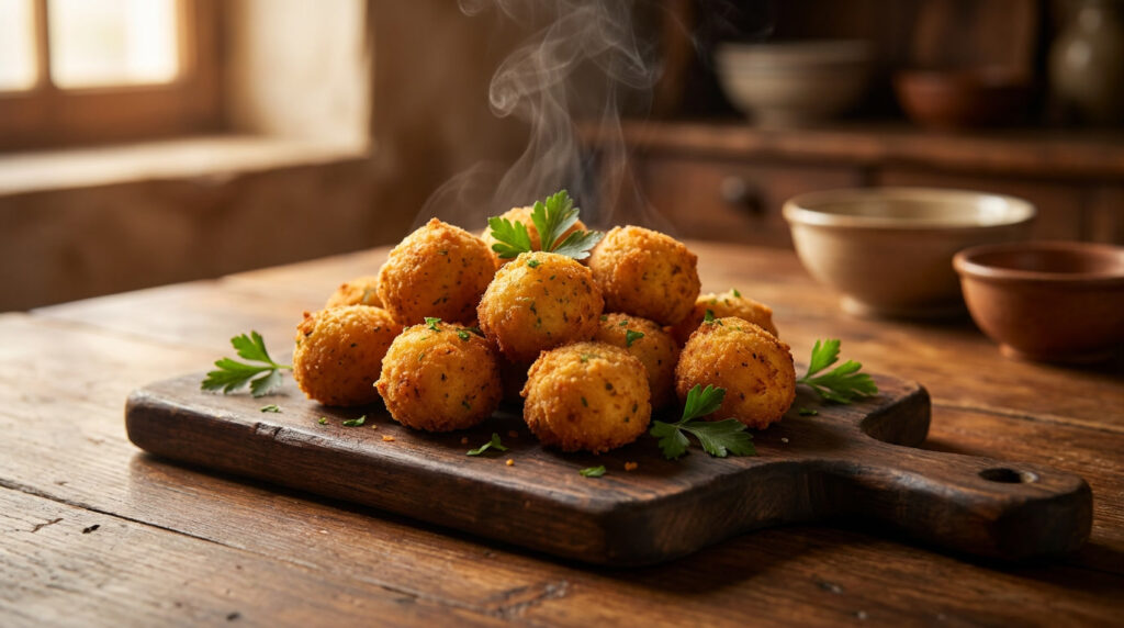 Bolinho de bacalhau frito dourado e crocante servido em bandeja, com interior cremoso e cheiro-verde por cima