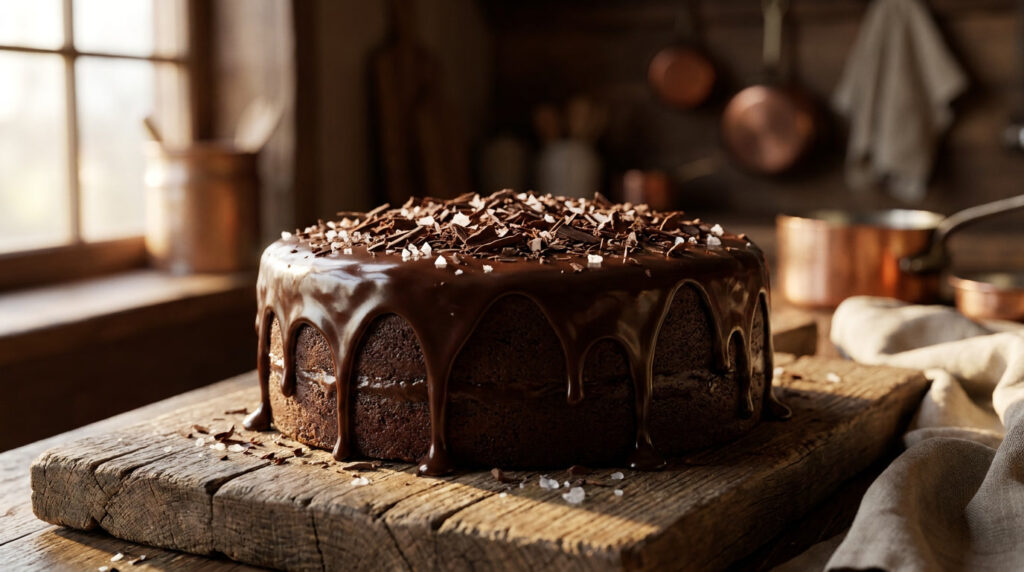 Bolo de chocolate fudge ultra cremoso coberto com ganache brilhante, raspas de chocolate e flor de sal, fatiado sobre mesa rústica