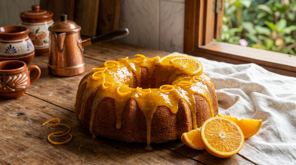 Bolo de laranja com calda fácil fatiado, fofinho e molhadinho, com raspas de laranja por cima