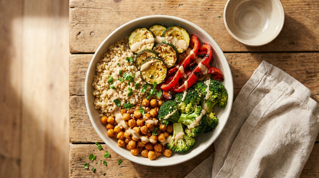 Bowl de proteína com quinoa, grão de bico tostado, vegetais assados e molho tahine, visto de cima