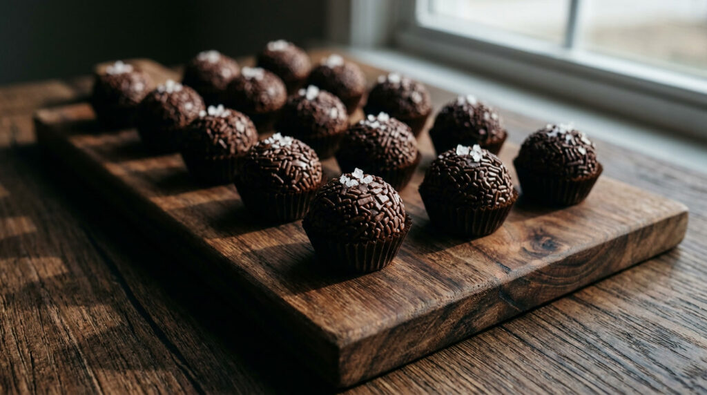 Brigadeiro gourmet de chocolate belga enrolado em granulé, decorado com flor de sal, em forminhas douradas