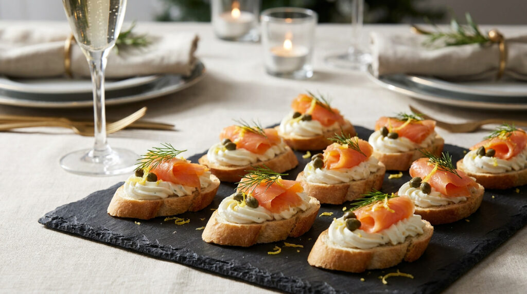 Canapé de cream cheese com salmão defumado decorado com endro e raspas de limão em travessa de festa