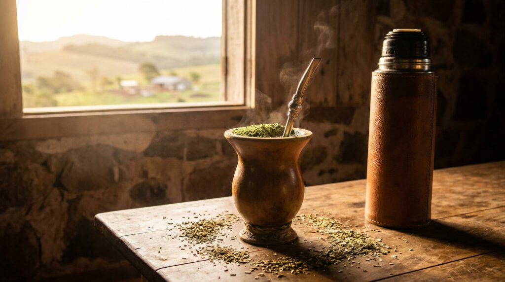 Chimarrão gaúcho tradicional com cuia de porongo, bomba de inox e erva-mate, em mesa de madeira rústica
