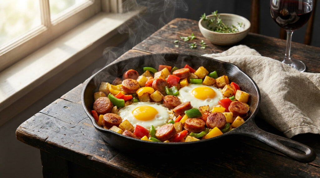 Entrevero gaúcho com linguiça defumada, pimentões tricolores, batata dourada e ovos servido em frigideira de ferro