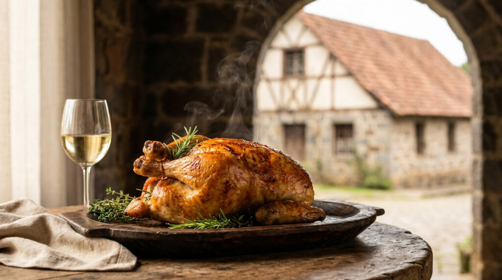 Galeto ao primo canto gaúcho assado com pele dourada crocante, ervas frescas e vinho branco, Serra Gaúcha