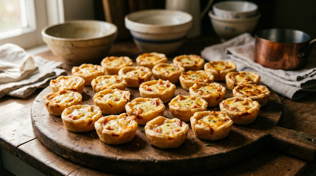Mini quiche de queijo e presunto dourada em bandeja rústica, recheio cremoso à mostra, pronta para festa