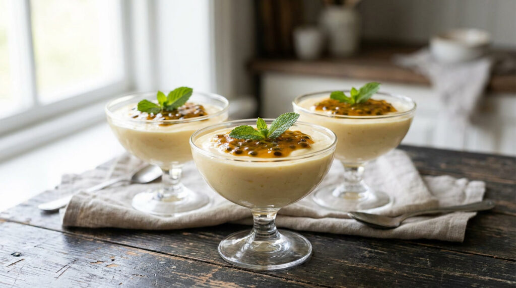 Mousse de maracujá com leite condensado em taça com calda de sementes e folha de hortelã