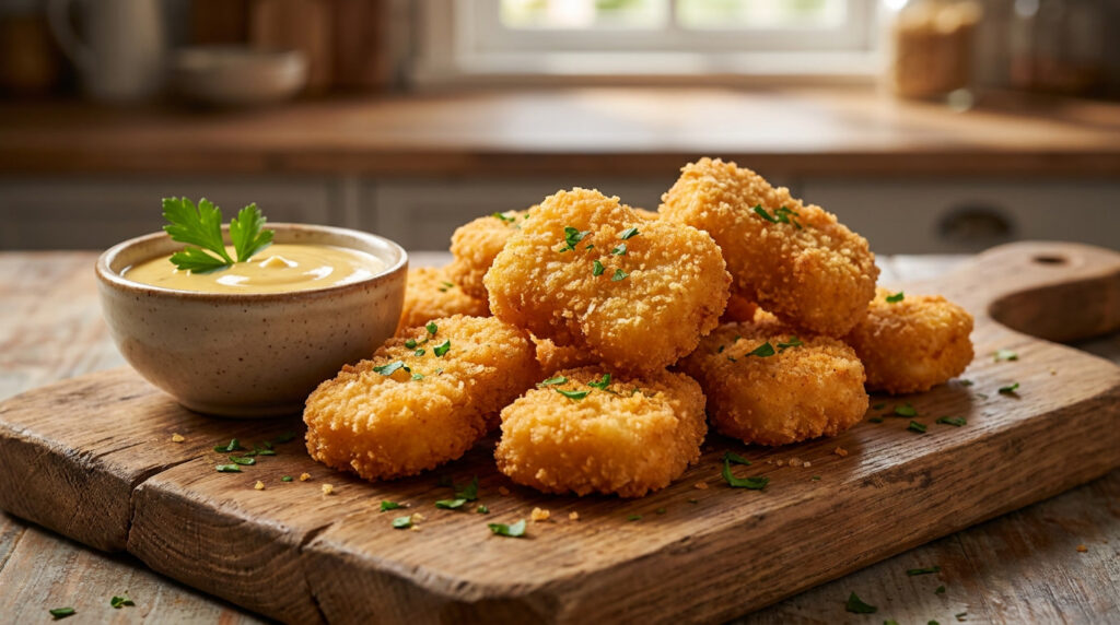 Nuggets de frango na airfryer dourados e crocantes com empanamento de panko, servidos com molho mostarda