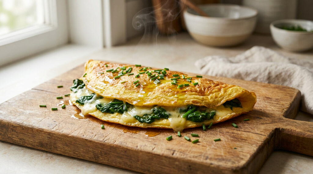 Omelete fitness com espinafre e queijo dobrado ao meio em frigideira antiaderente, com folhas verdes e vapor ao redor