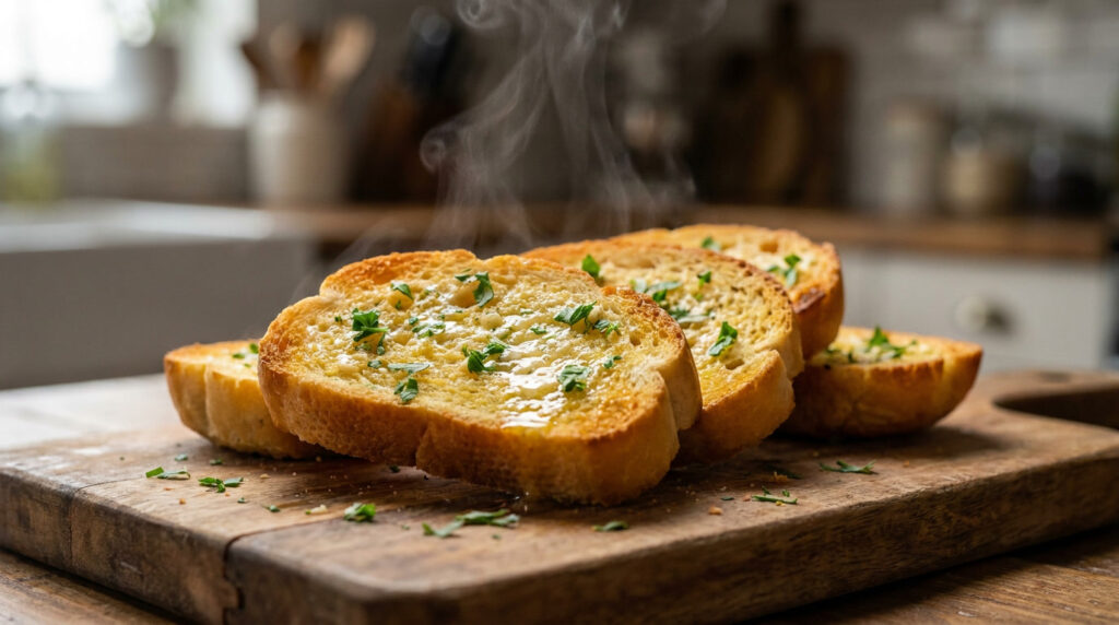 Pão de alho crocante na airfryer com casquinha dourada e manteiga de alho derretida, servido em tábua rústica