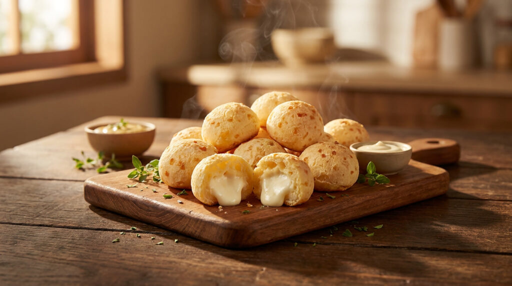 Pão de queijo recheado com catupiry dourado e casquinha sequinha servido em bandeja de festa