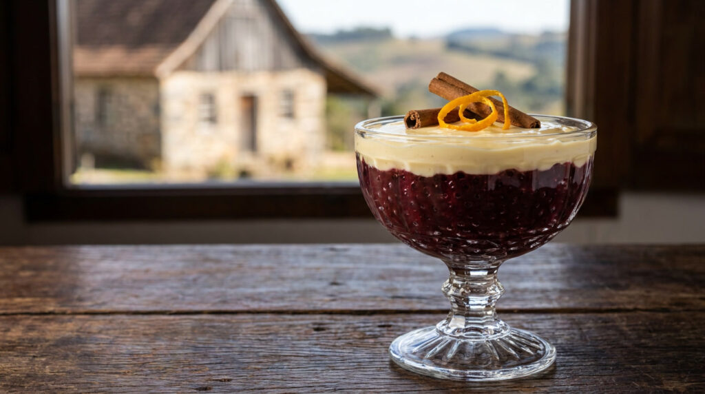 Sagu de vinho tinto gaúcho em taça com creme de baunilha e canela, sobremesa colonial servida gelada