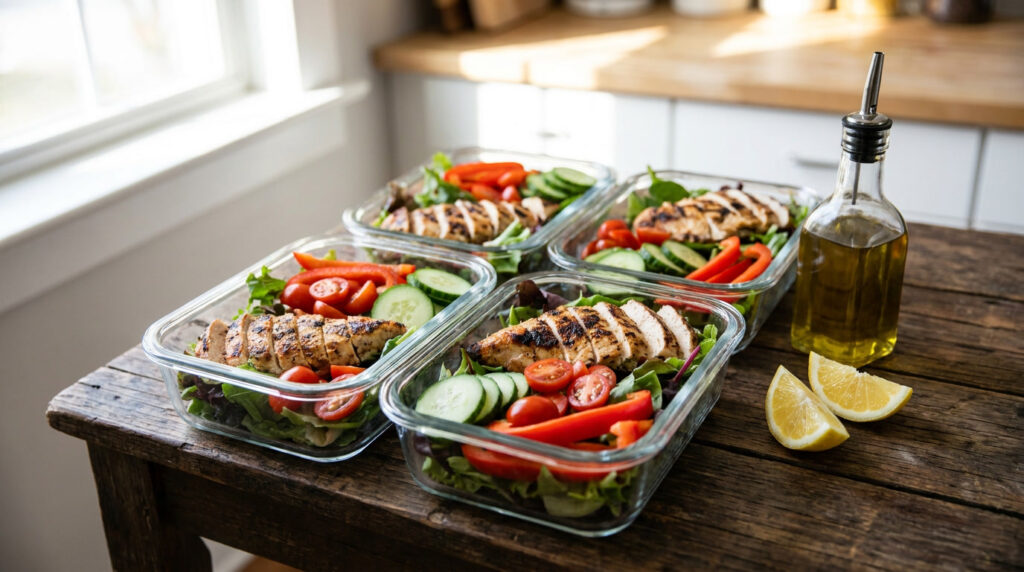 Salada de frango low carb em marmita com folhas verdes, tomate cereja, pepino e molho de limão siciliano