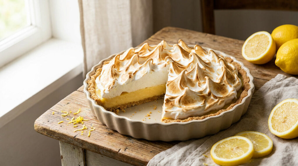 Torta de limão com merengue dourado tostado, fatia fatiada revelando recheio cítrico cremoso sobre massa quebradiça