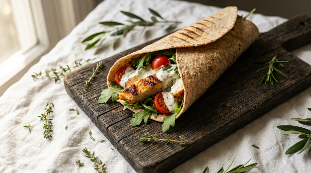 Wrap de frango grelhado fit aberto sobre tábua de madeira, com folhas verdes, tomate-cereja e molho de iogurte